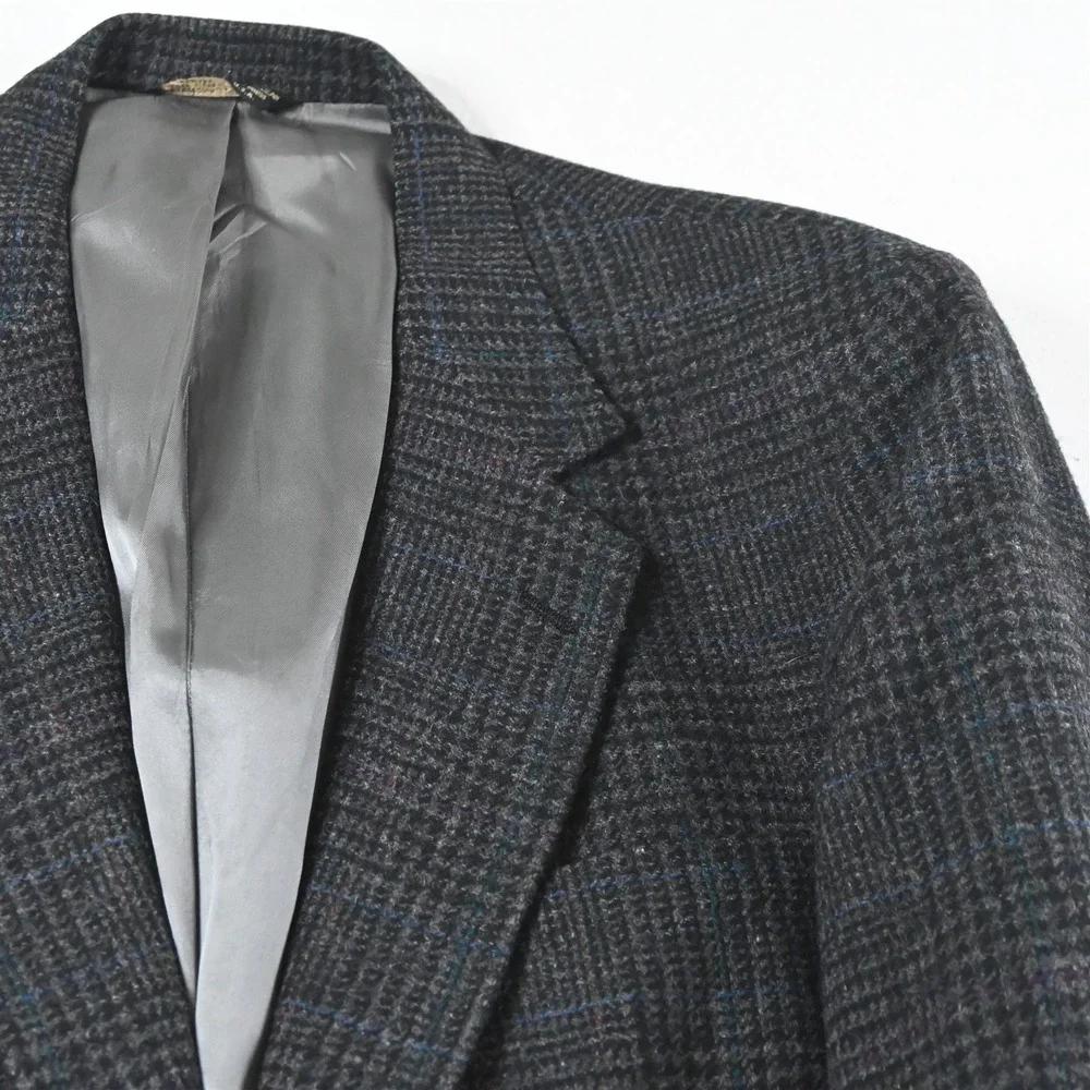 Vtg USA Made 44S Gray Check 100% Wool Tweed Mens Blazer Suit‎ Jacket Sport Coat